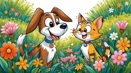 犬と猫が花の咲き乱れる庭で談笑している