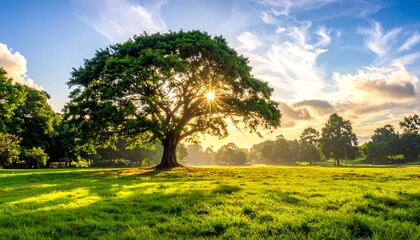 Obraz premium Sunrise in a Lush Green Field with a Majestic Tree.