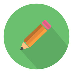 Orange Pencil with Pink Eraser on Green Circle Background with Long Shadow Simple Flat Icon Design for Writing and Drawing