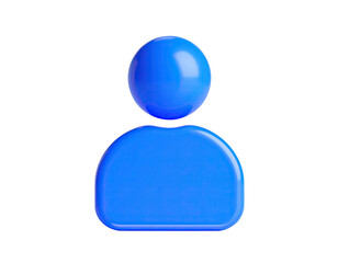 A glossy, blue, rounded person icon floats against a black background