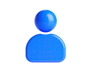 A glossy, blue, rounded person icon floats against a black background