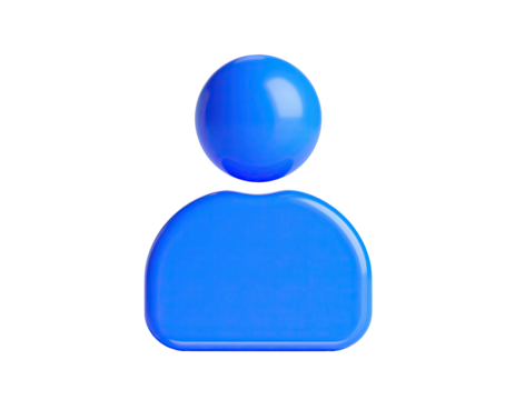 A glossy, blue, rounded person icon floats against a black background