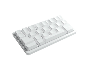 White, minimalist mechanical keyboard with a compact layout, set against a black background
