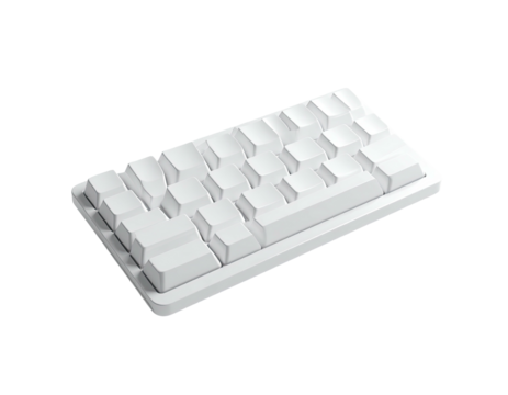 White, minimalist mechanical keyboard with a compact layout, set against a black background