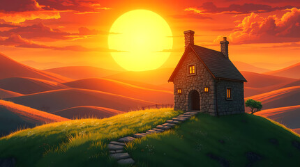 An idyllic landscape showcasing a charming stone cottage perched atop a green hill under the radiant glow of the rising sun, casting warm hues across the rolling hills in the background.