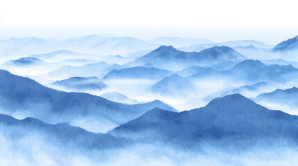 Vast blue mountain landscape with layered peaks and misty valleys under soft light at dawn