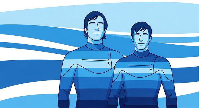 Two Surfers in Wetsuits Against a Blue Wave Background.