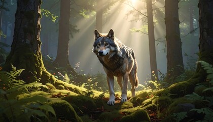 A majestic gray wolf stands amidst a sunlit forest, bathed in soft light.