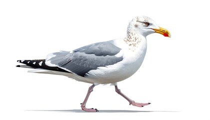 A side view of a seagull in profile, showcasing its detailed plumage and graceful gait against a plain white background.
