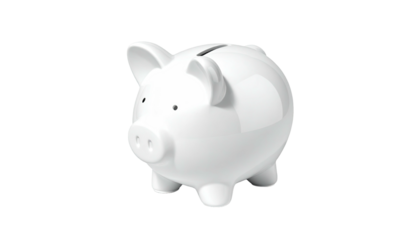 A shiny, white ceramic piggy bank with slot and ears against a black background