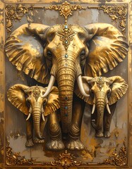 A majestic depiction of three elephants, intricately adorned in gold, showcasing a rich, detailed, and ornate style.
