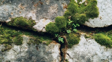 Obraz premium Close-up of moss growing on a cracked, weathered concrete surface. Use for backgrounds, textures, or illustrating nature's resilience.