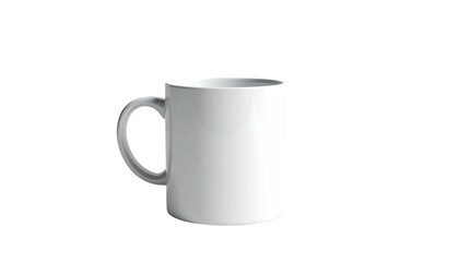 Plain white ceramic mug with a curved handle on a transparent black background