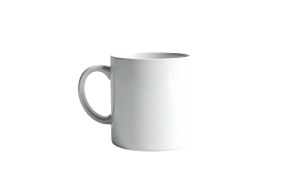 Plain white ceramic mug with a curved handle on a transparent black background
