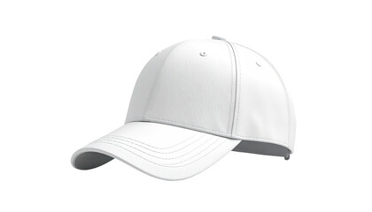 Isolated crisp white baseball cap with curved brim, side view on a dark background