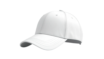 Isolated crisp white baseball cap with curved brim, side view on a dark background
