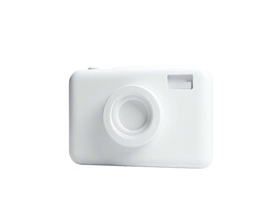 Glossy white camera model floats against a stark black backdrop