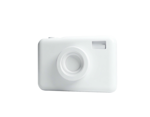 Glossy white camera model floats against a stark black backdrop