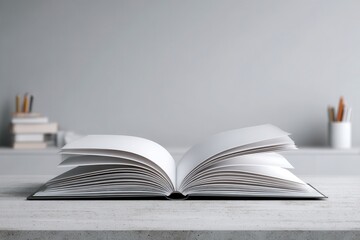 Open book with blank pages, lies on a bright desk against gray background. It is great for inserting your custom design, promotion or information.