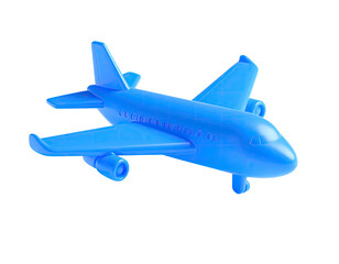A bright blue plastic toy airplane, set against a completely black background