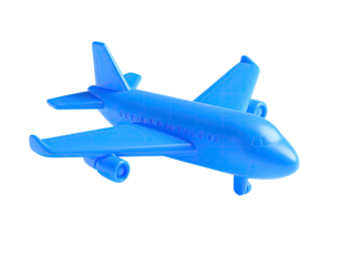 A bright blue plastic toy airplane, set against a completely black background