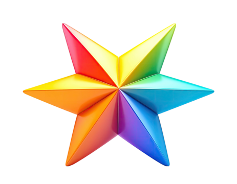 Rendered star with sharp points, iridescent rainbow hues, against black