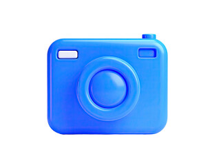 A vibrant, 3D-rendered digital camera icon, blue against a stark black background