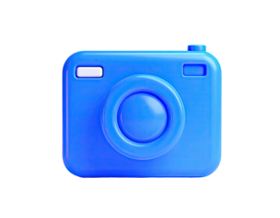 A vibrant, 3D-rendered digital camera icon, blue against a stark black background