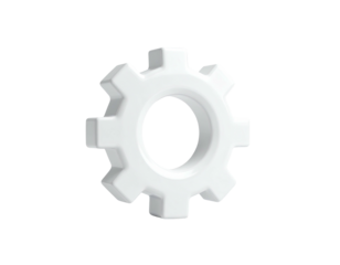 Simple 3D white gear icon set against a stark black background