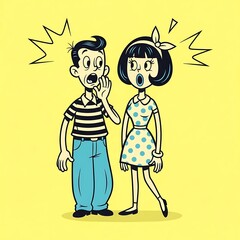 Surprised Couple with Retro Style and Shocked Expressions.