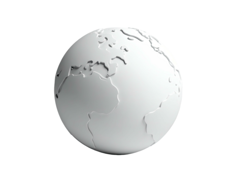 A stark, white globe against a black backdrop, displaying continents