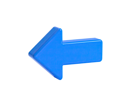 A glossy, 3D rendered blue arrow pointing left against a stark black backdrop - Powered by Adobe
