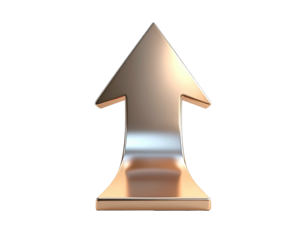 Polished metal arrow pointing upwards on black background, 3D render
