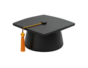 A glossy, black graduation cap with an orange tassel, floating against black