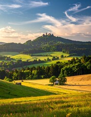 A scenic landscape panorama showcasing a hilltop castle amidst verdant fields and rolling hills under a vibrant sky at sunset.