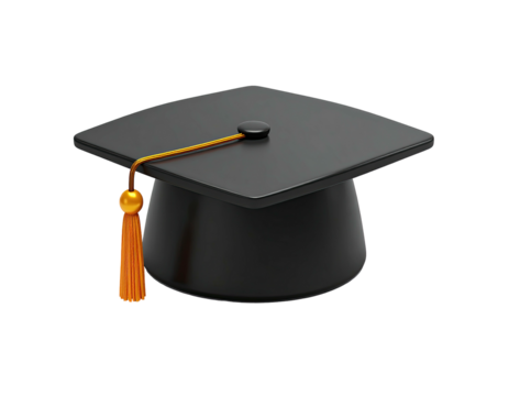 A glossy, black graduation cap with an orange tassel, floating against black