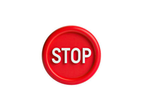 3D rendered red circle with raised white "STOP" against a black background