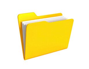 A bright yellow folder slightly ajar, filled with white paper, on a black background