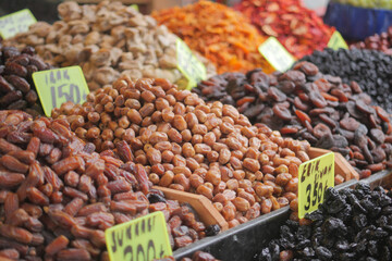 Colorful display of dried fruits at local market