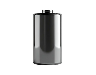 A metallic cylindrical battery with black top on a black background