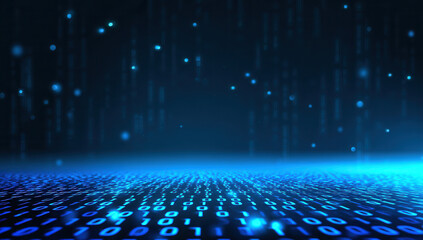 Digital data streams glow in a dark space with blue binary code elements floating above the ground