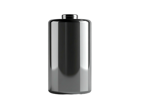 A metallic cylindrical battery with black top on a black background