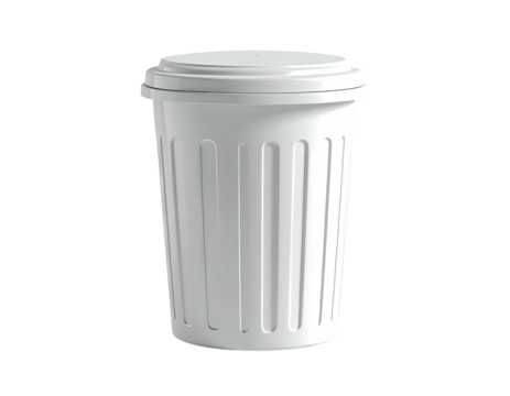 Isolated white waste bin with lid, vertical ridges, on a solid black backdrop