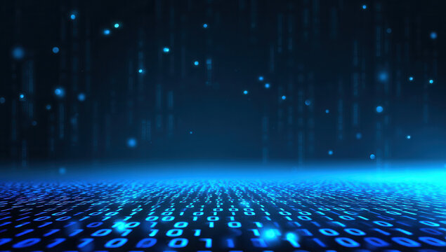 Digital data streams glow in a dark space with blue binary code elements floating above the ground