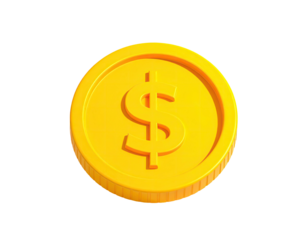 Shiny gold coin with a dollar sign, floating against a stark black background