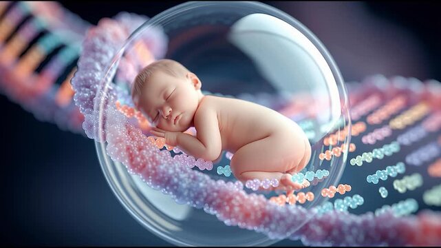 Newborn baby sleeping inside glass bubble resting on DNA helix, concept of genetic engineering, biotechnology, and the origin of life  