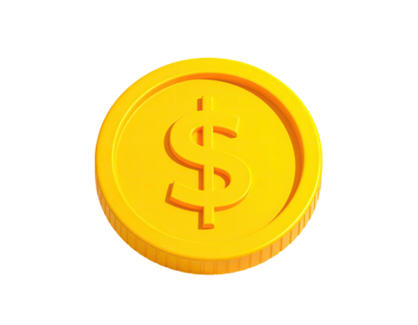 Shiny gold coin with a dollar sign, floating against a stark black background