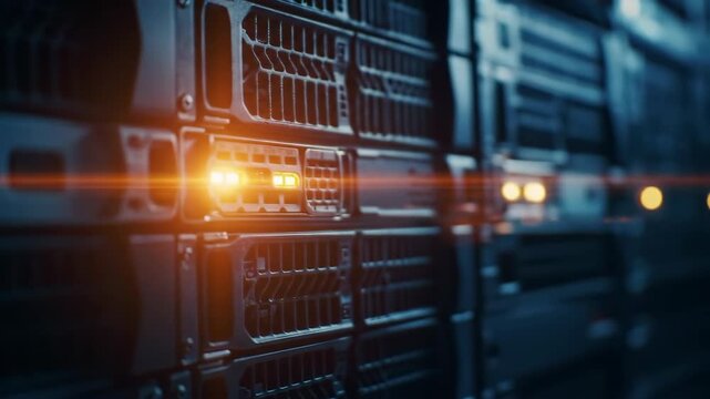 Server Racks Array with Orange Light Flare in Dark Blue Tone