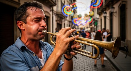 Obraz premium Passionate street musician playing a brass trumpet during a vibrant festival.