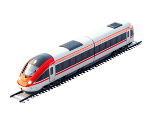 Isometric view of a modern high-speed passenger train traveling on railway tracks